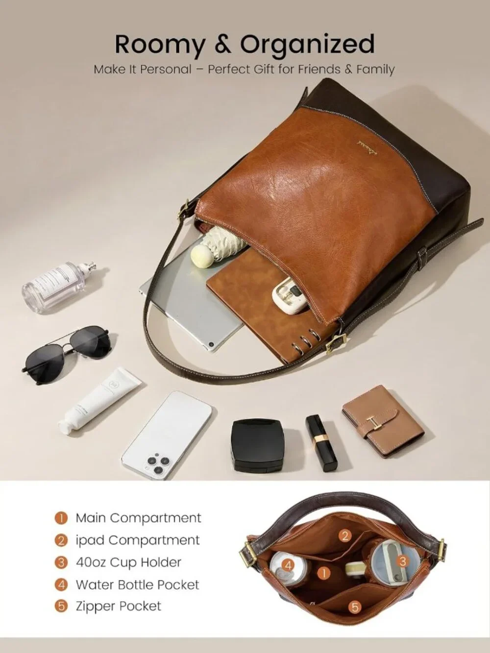 Stylish Hobo Bag for Women with Initial Charm, Soft Crossbody Handbag & Cup